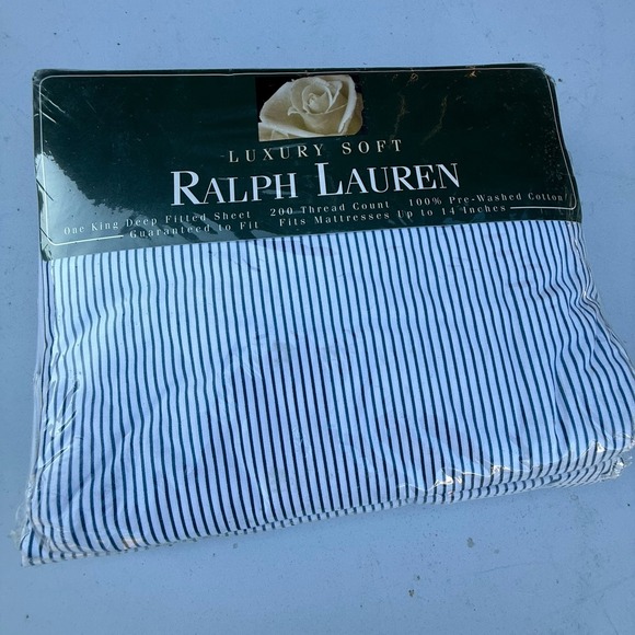 VTG NWT Ralph Lauren Lowell Stripe Azurite King Size Fitted Sheet Cotton 200 - Picture 1 of 5